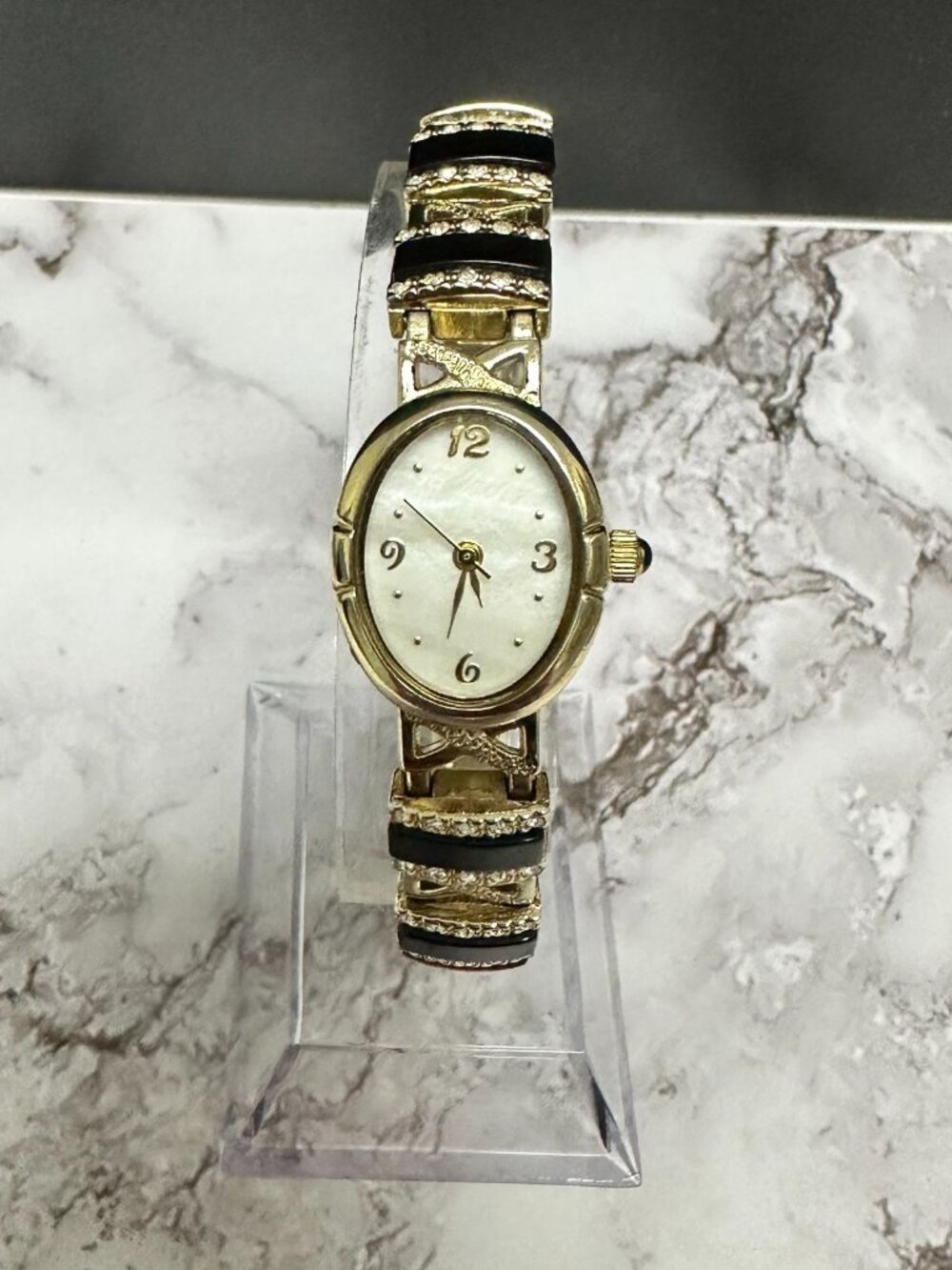 Christian Benet Watch Gold Tone Black Enamel Rhinestones Oval Dial New Battery